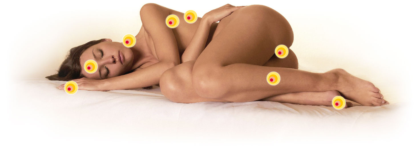 Nackte Frau, die alle Anwendungsgebiete der ilon Abszess-Salbe mit gelben Punkten aufzeigt